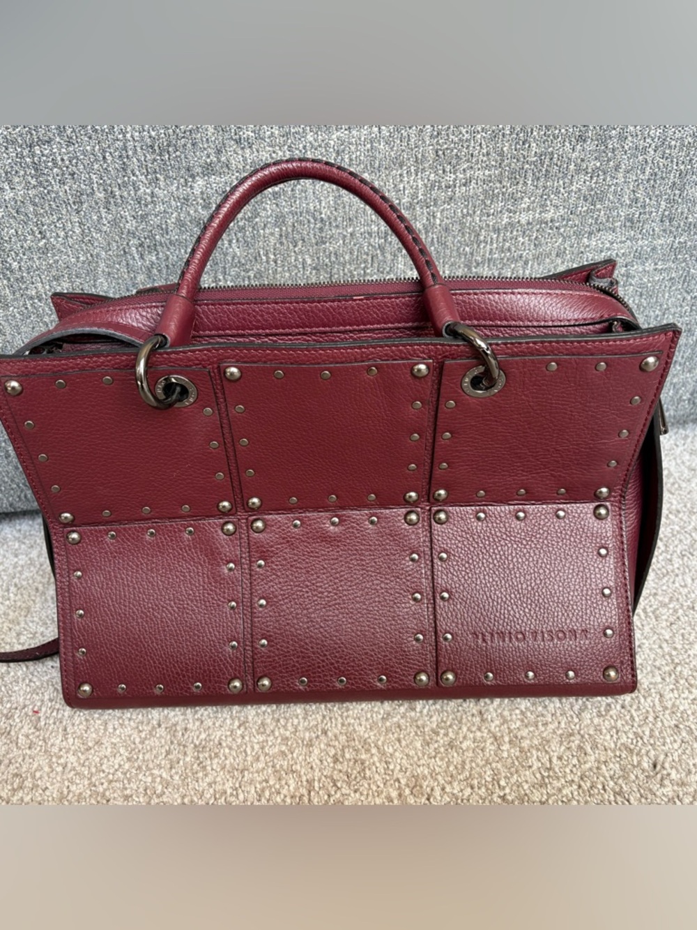 Plinio Visona Burgundy Studded Leather Satchel